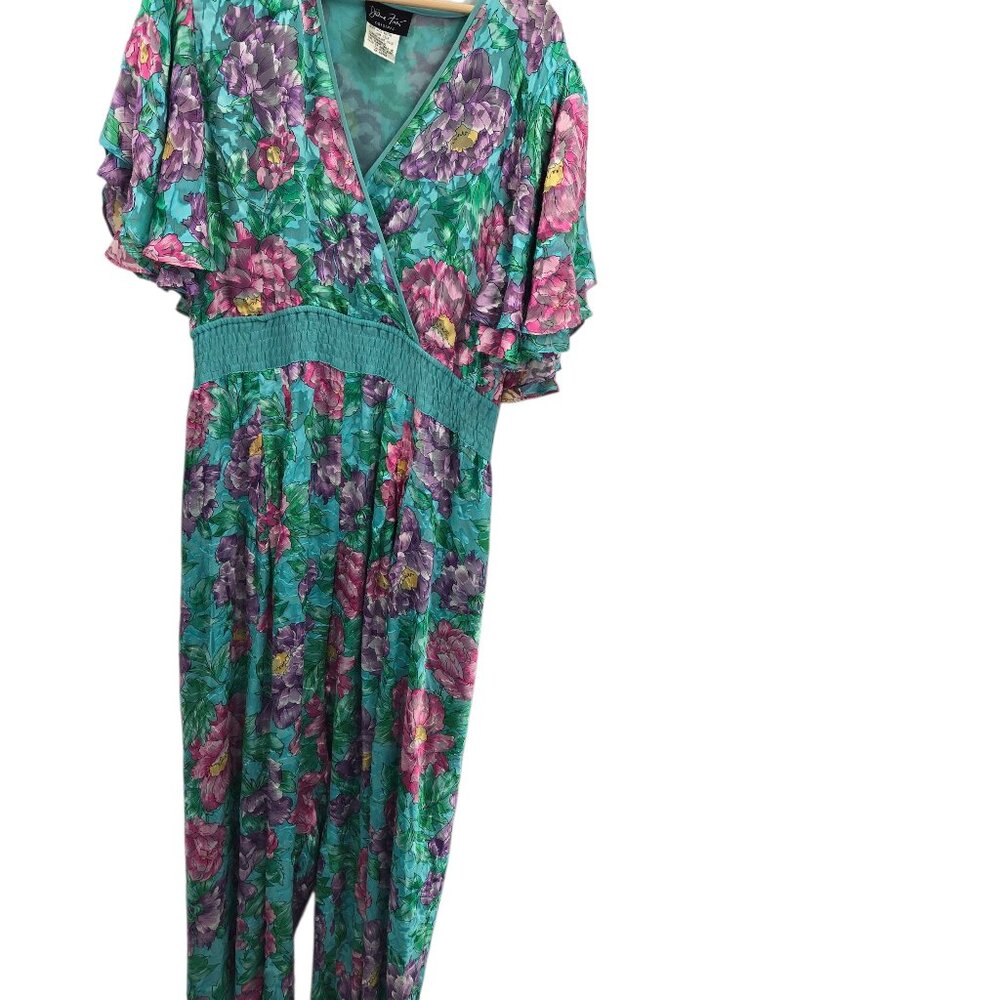 Vintage Diane Freis Green Tropical Rayon Silk Tassels 80s Jumpsuit XL (See Meas)
